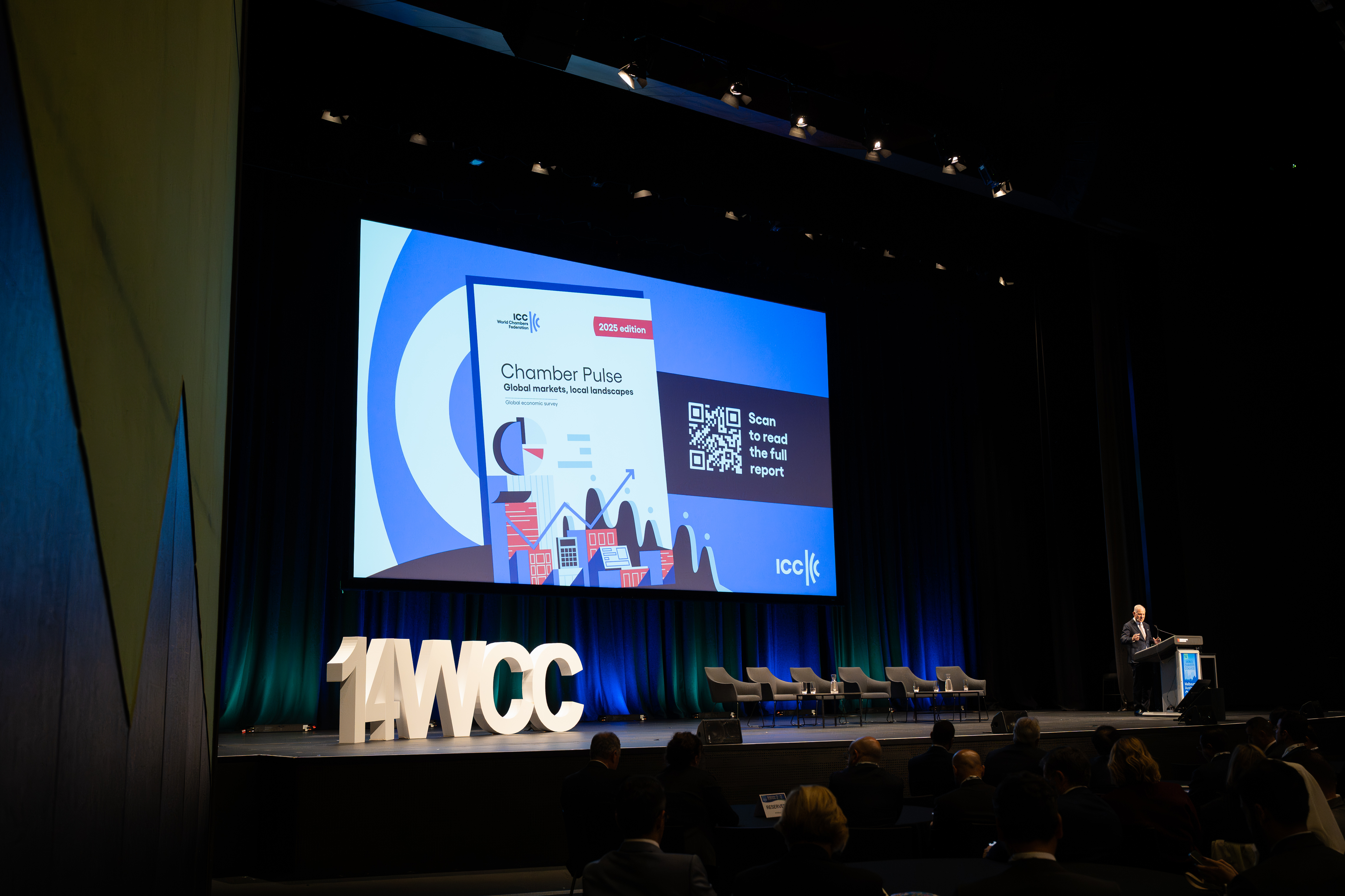 ICC Secretary General John Denton announcing the launch of the global economic report Chamber Pulse 2025, offering a chamber-level snapshot of global business sentiment